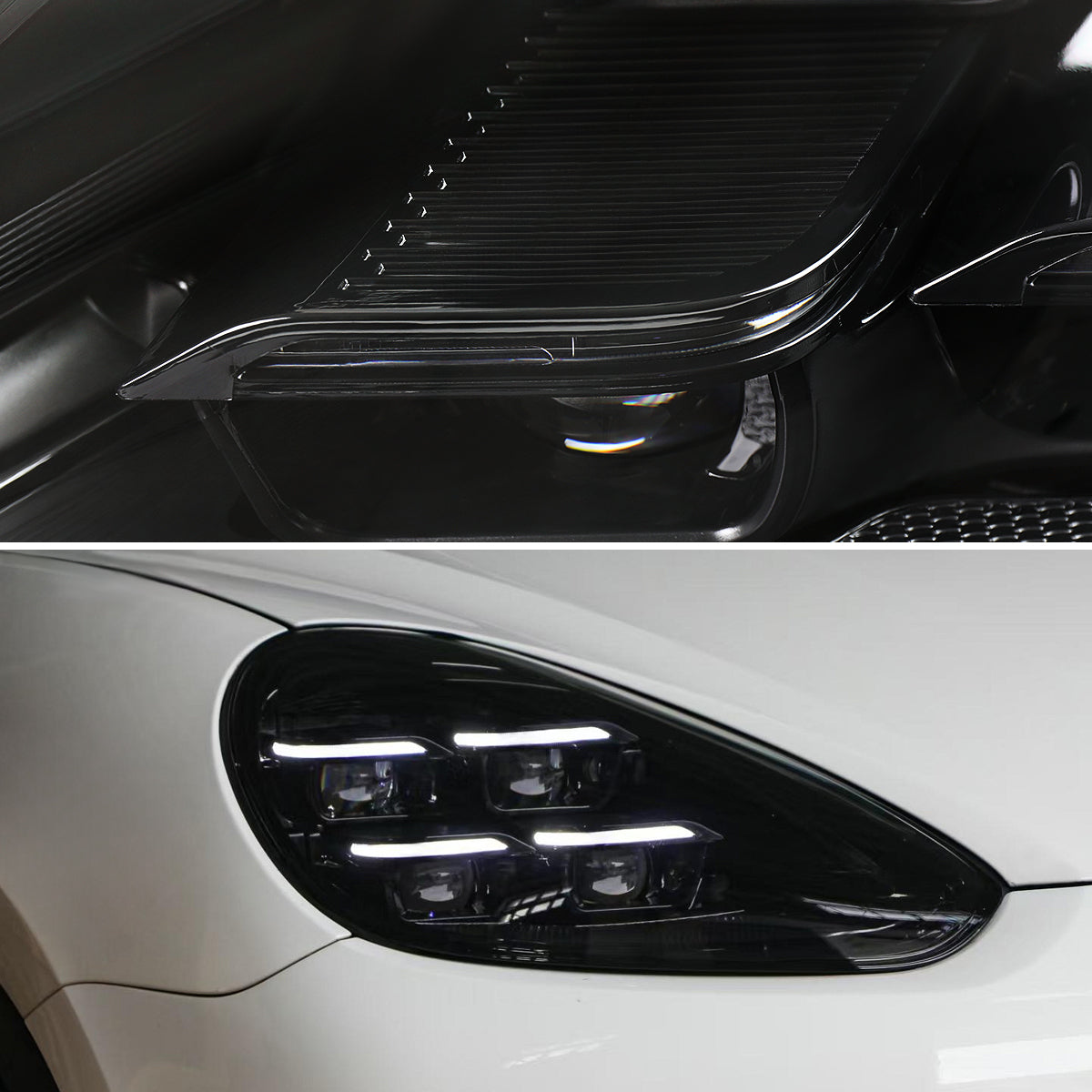 2015-2017 Porsche Cayenne 958.2 Matrix Style LED Projector Headlights w/ DRL for non-Dynamic Function  (Matte Black Housing / Glossy Black Accents / Clear Lens)