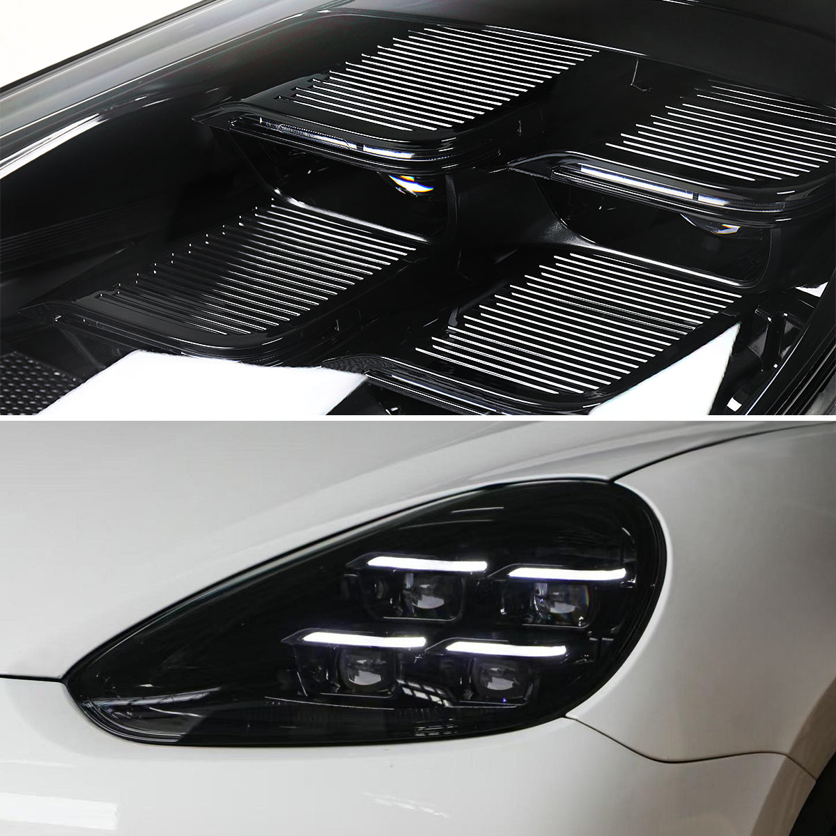 2015-2017 Porsche Cayenne 958.2 Matrix Style LED Projector Headlights w/ DRL for non-Dynamic Function  (Matte Black Housing / Glossy Black Accents / Clear Lens)