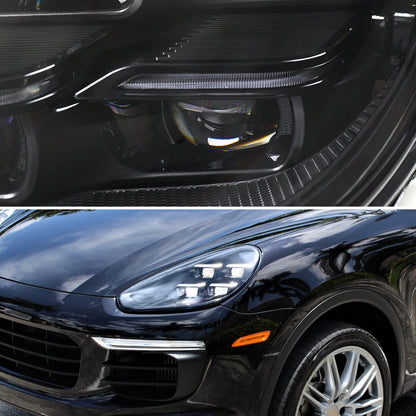 2015-2017 Porsche Cayenne 958.2 Matrix Style LED Projector Headlights w/ DRL for Dynamic Function  (Matte Black Housing / Glossy Black Accents / Clear Lens)