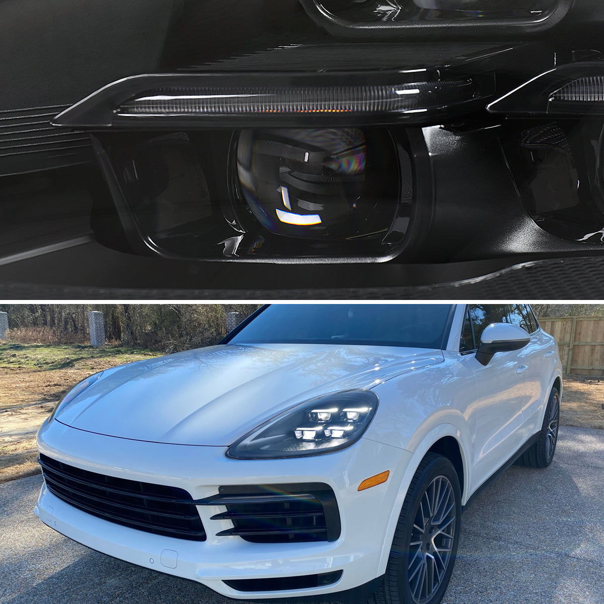 2018-2023 Porsche Cayenne Matrix Style LED Projector Headlights w/ DRL and for Dynamic Function  (Matte Black Housing / Glossy Black Accents / Clear Lens)