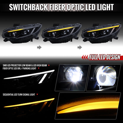 2016-2021 Honda Civic Full LED Projector Headlights w/ Switchback LED Sequential Turn Signals DRL Parking Strip (Glossy Black Housing  / Smoked Lens)