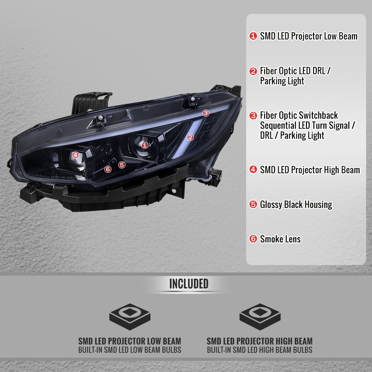 2016-2021 Honda Civic Full LED Projector Headlights w/ Switchback LED Sequential Turn Signals DRL Parking Strip (Glossy Black Housing  / Smoked Lens)