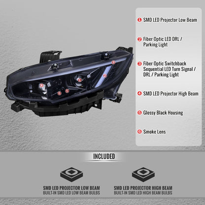 2016-2021 Honda Civic Full LED Projector Headlights w/ Switchback LED Sequential Turn Signals DRL Parking Strip (Glossy Black Housing  / Smoked Lens)