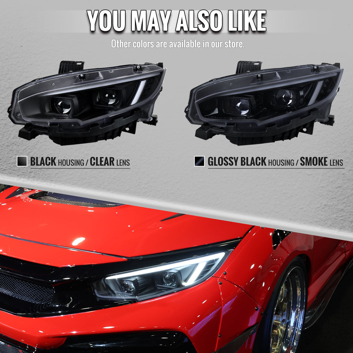 2016-2021 Honda Civic Full LED Projector Headlights w/ Switchback LED Sequential Turn Signals DRL Parking Strip (Glossy Black Housing  / Smoked Lens)
