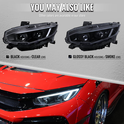2016-2021 Honda Civic Full LED Projector Headlights w/ Switchback LED Sequential Turn Signals DRL Parking Strip (Glossy Black Housing  / Smoked Lens)