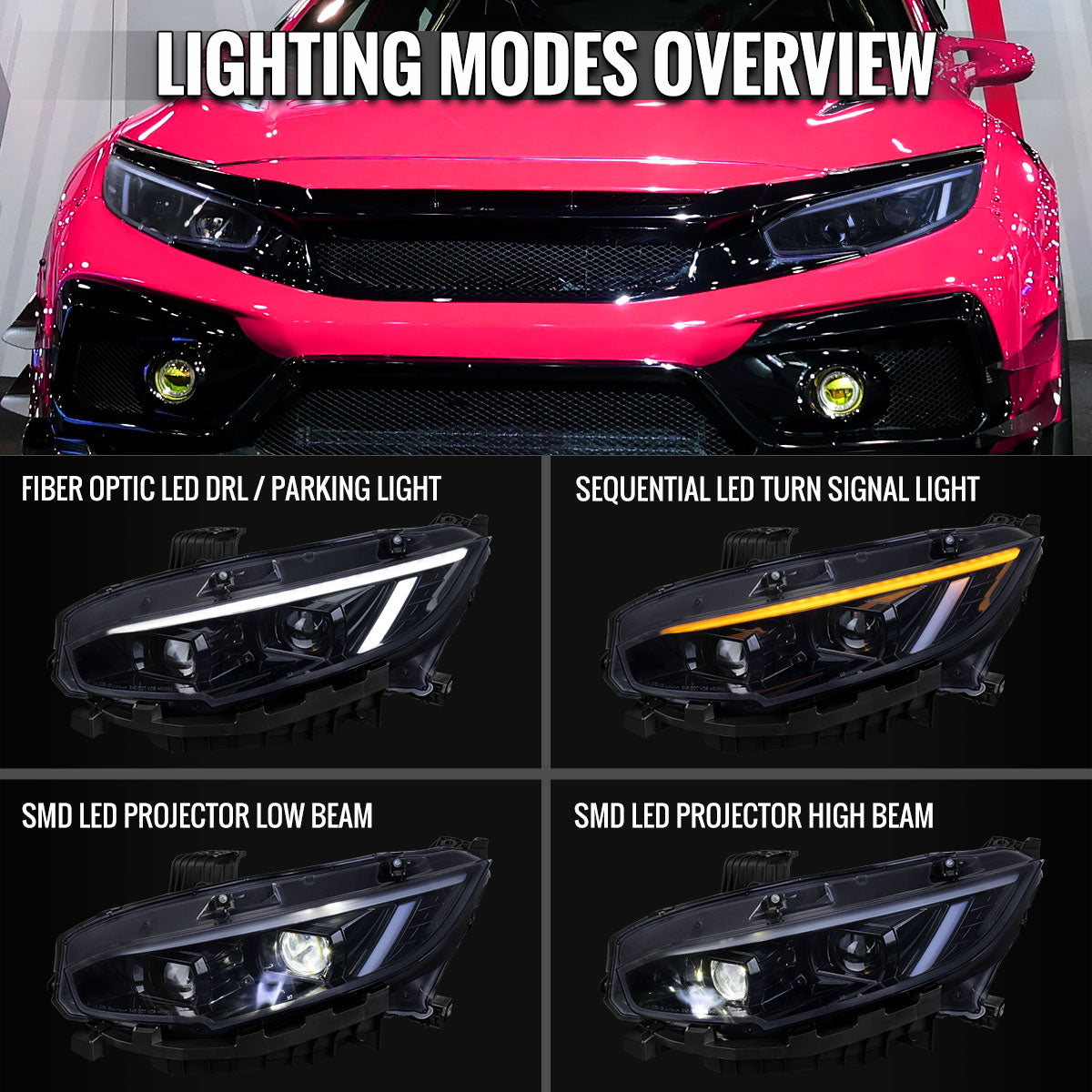 2016-2021 Honda Civic Full LED Projector Headlights w/ Switchback LED Sequential Turn Signals DRL Parking Strip (Glossy Black Housing  / Smoked Lens)