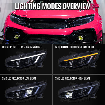 2016-2021 Honda Civic Full LED Projector Headlights w/ Switchback LED Sequential Turn Signals DRL Parking Strip (Glossy Black Housing  / Smoked Lens)