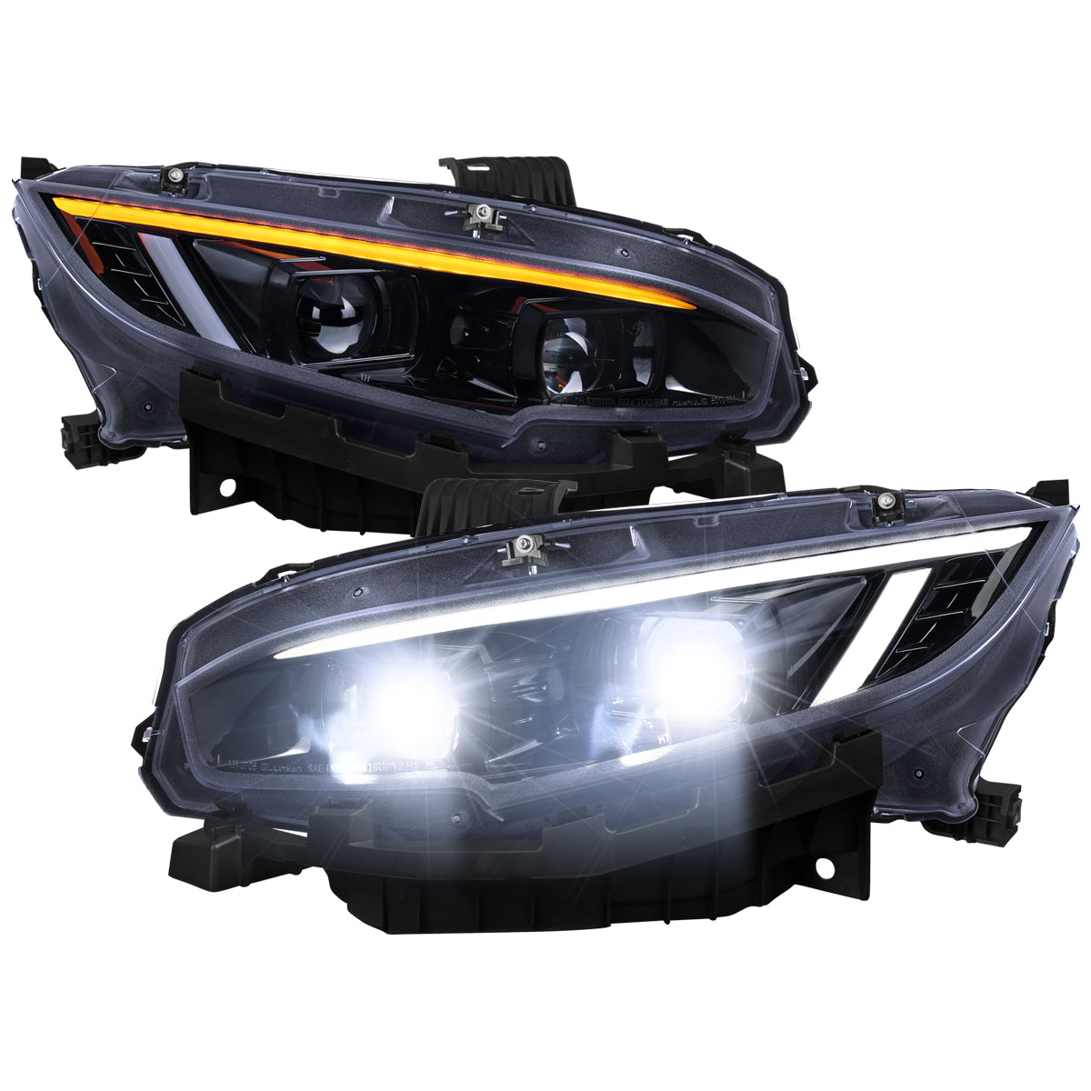 2016-2021 Honda Civic Full LED Projector Headlights w/ Switchback LED Sequential Turn Signals DRL Parking Strip (Glossy Black Housing  / Smoked Lens)