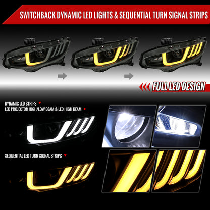 2016-2021 Honda Civic Full LED Projector Headlights w/ Switchback Sequential Turn Signal (Matte Black Housing/Smoked Lens)
