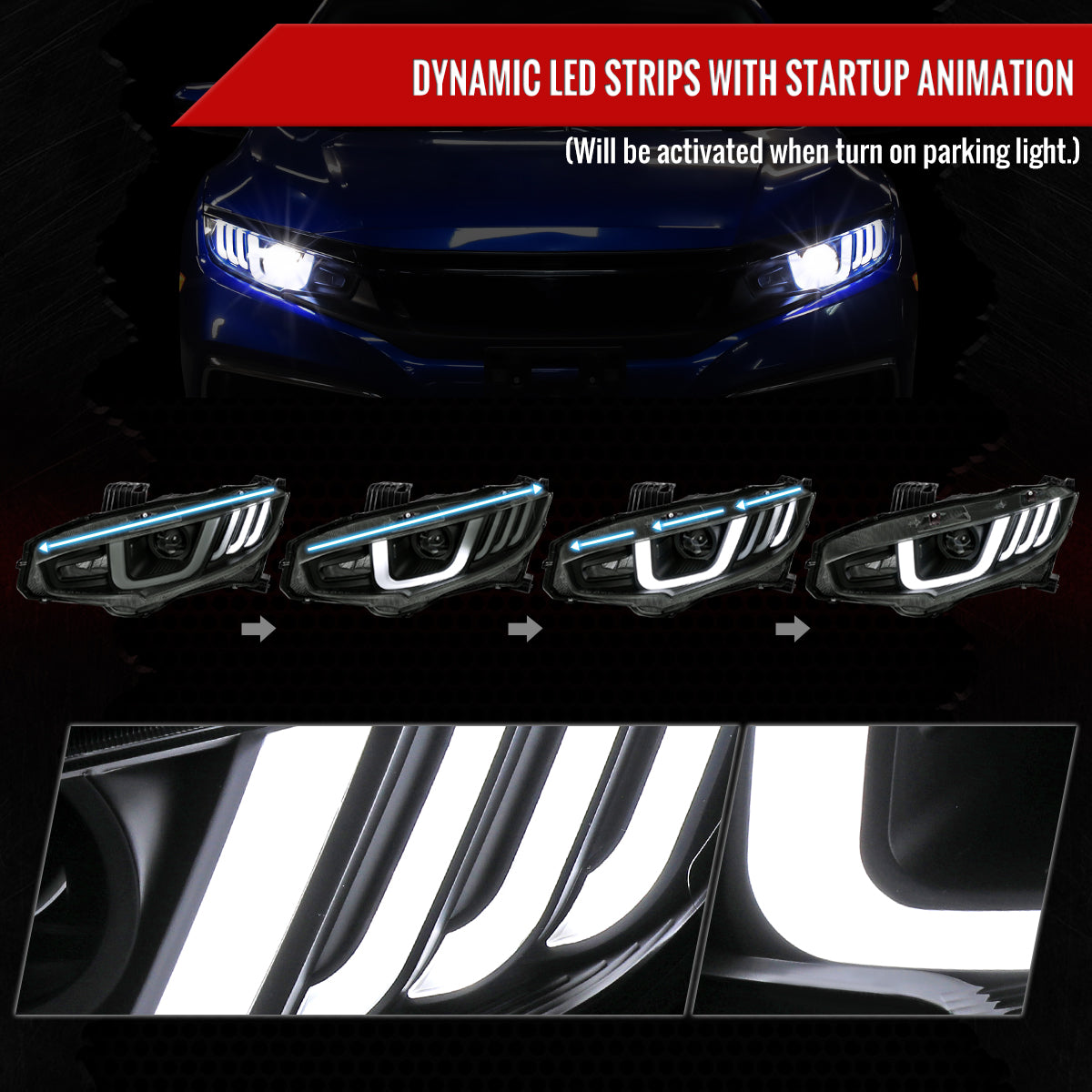 2016-2021 Honda Civic Full LED Projector Headlights w/ Switchback Sequential Turn Signal (Matte Black Housing/Smoked Lens)