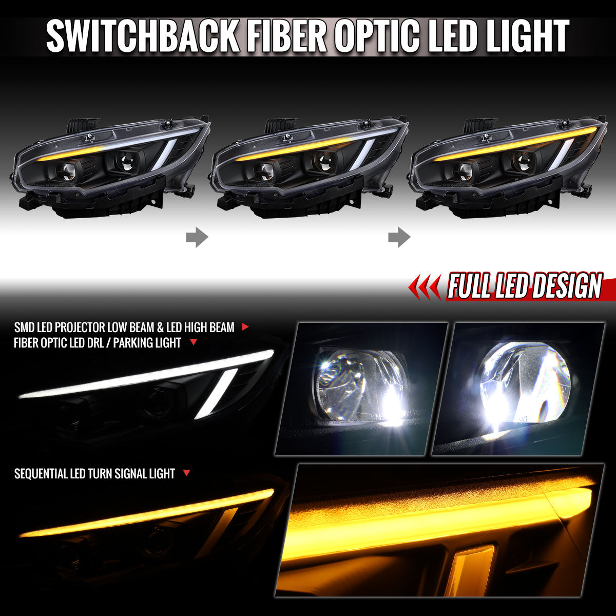 2016-2021 Honda Civic Full LED Projector Headlights w/ Switchback LED Sequential Turn Signals DRL Parking Strip (Matte Black Housing  / Clear Lens)