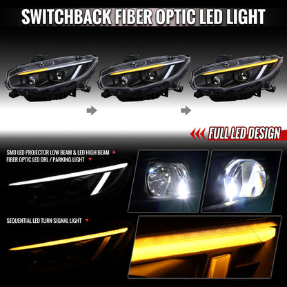 2016-2021 Honda Civic Full LED Projector Headlights w/ Switchback LED Sequential Turn Signals DRL Parking Strip (Matte Black Housing  / Clear Lens)
