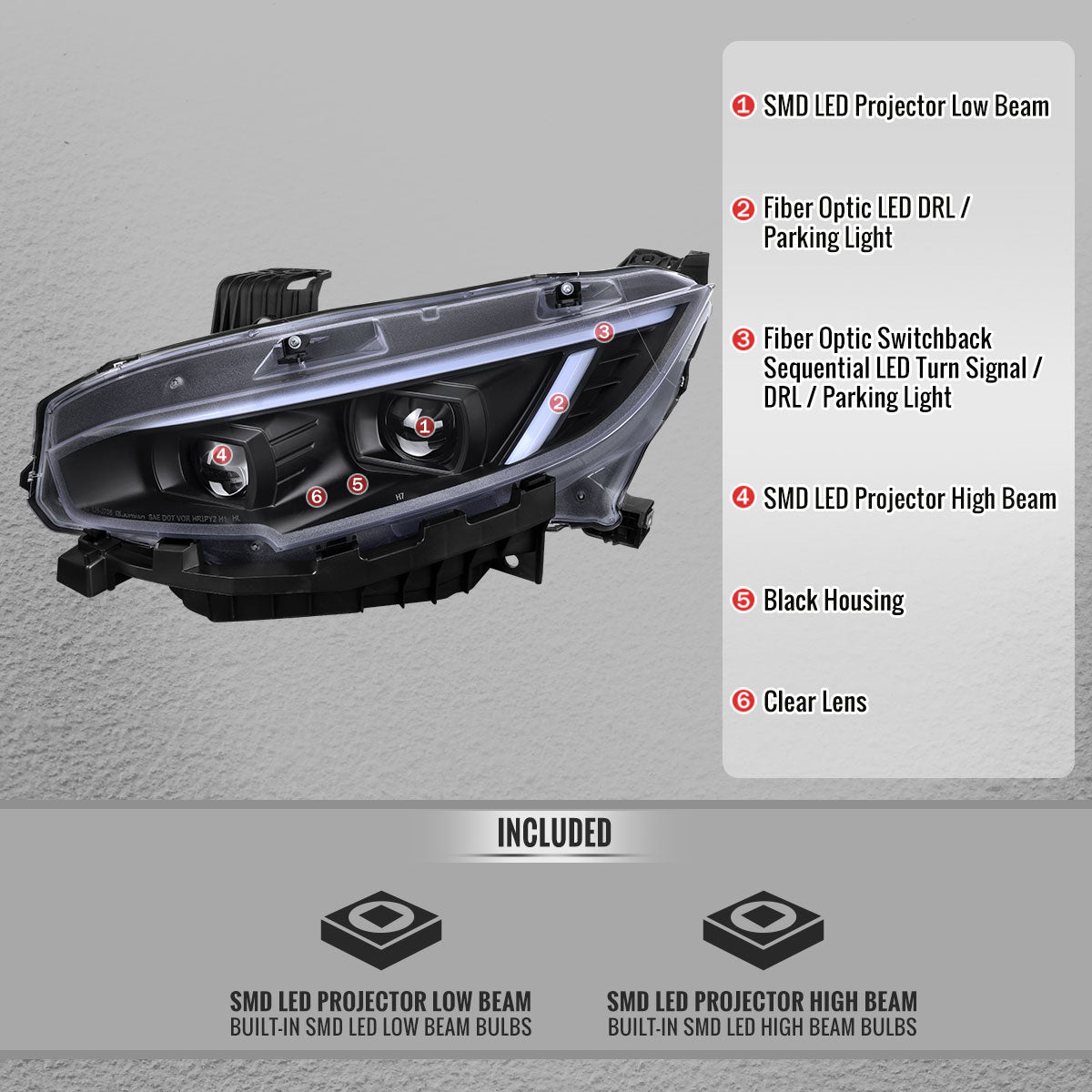 2016-2021 Honda Civic Full LED Projector Headlights w/ Switchback LED Sequential Turn Signals DRL Parking Strip (Matte Black Housing  / Clear Lens)