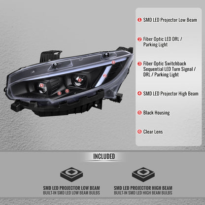 2016-2021 Honda Civic Full LED Projector Headlights w/ Switchback LED Sequential Turn Signals DRL Parking Strip (Matte Black Housing  / Clear Lens)