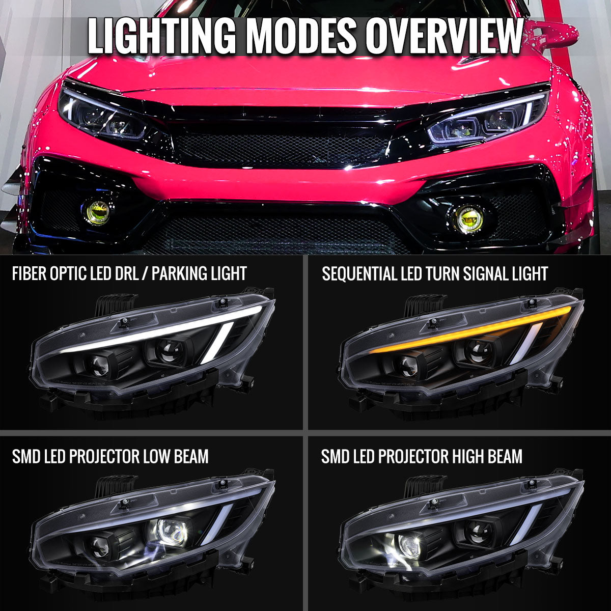 2016-2021 Honda Civic Full LED Projector Headlights w/ Switchback LED Sequential Turn Signals DRL Parking Strip (Matte Black Housing  / Clear Lens)