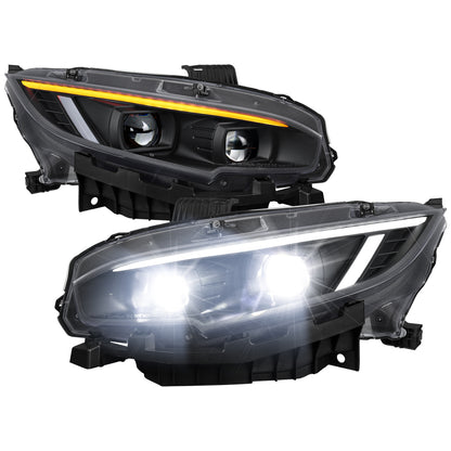 2016-2021 Honda Civic Full LED Projector Headlights w/ Switchback LED Sequential Turn Signals DRL Parking Strip (Matte Black Housing  / Clear Lens)
