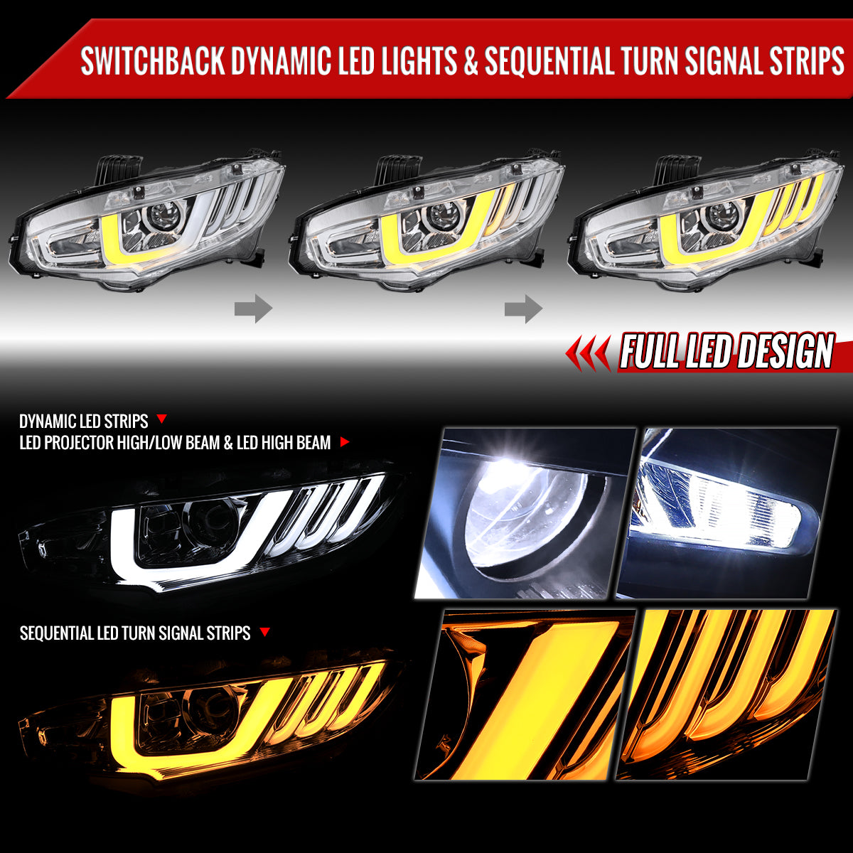2016-2021 Honda Civic LED Headlights w/ LED Switchback Sequential Turn Signal (Chrome Housing/Clear Lens)