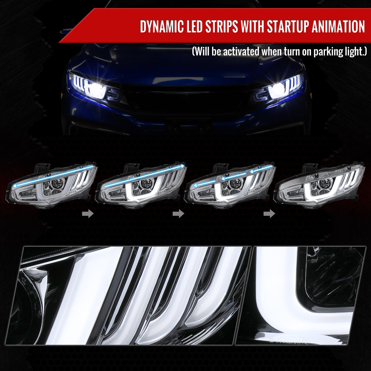 2016-2021 Honda Civic LED Headlights w/ LED Switchback Sequential Turn Signal (Chrome Housing/Clear Lens)