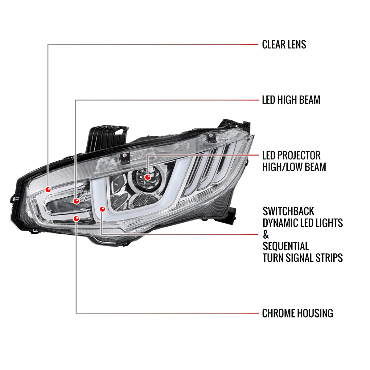 2016-2021 Honda Civic LED Headlights w/ LED Switchback Sequential Turn Signal (Chrome Housing/Clear Lens)