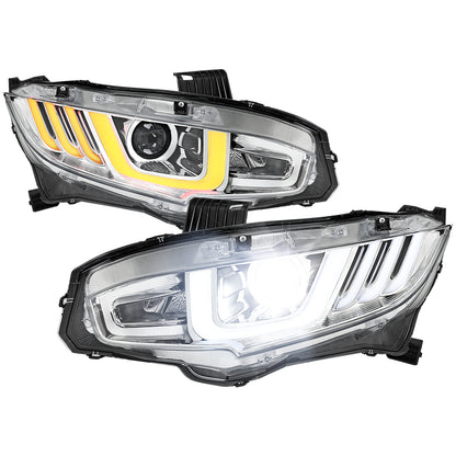 2016-2021 Honda Civic LED Headlights w/ LED Switchback Sequential Turn Signal (Chrome Housing/Clear Lens)
