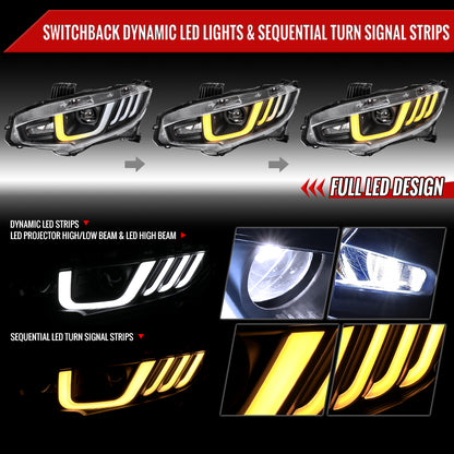 2016-2021 Honda Civic LED Headlights w/ LED Switchback Sequential Turn Signal (Matte Black Housing/Clear Lens)