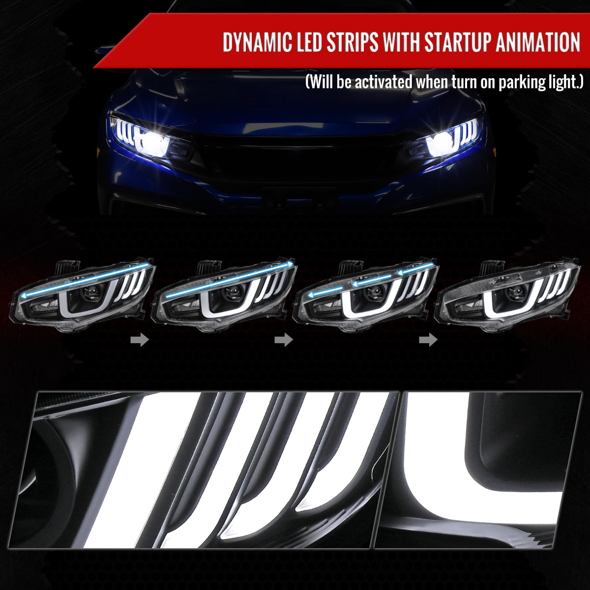 2016-2021 Honda Civic LED Headlights w/ LED Switchback Sequential Turn Signal (Matte Black Housing/Clear Lens)