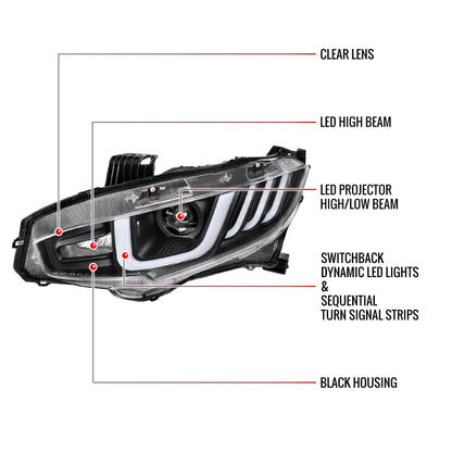 2016-2021 Honda Civic LED Headlights w/ LED Switchback Sequential Turn Signal (Matte Black Housing/Clear Lens)