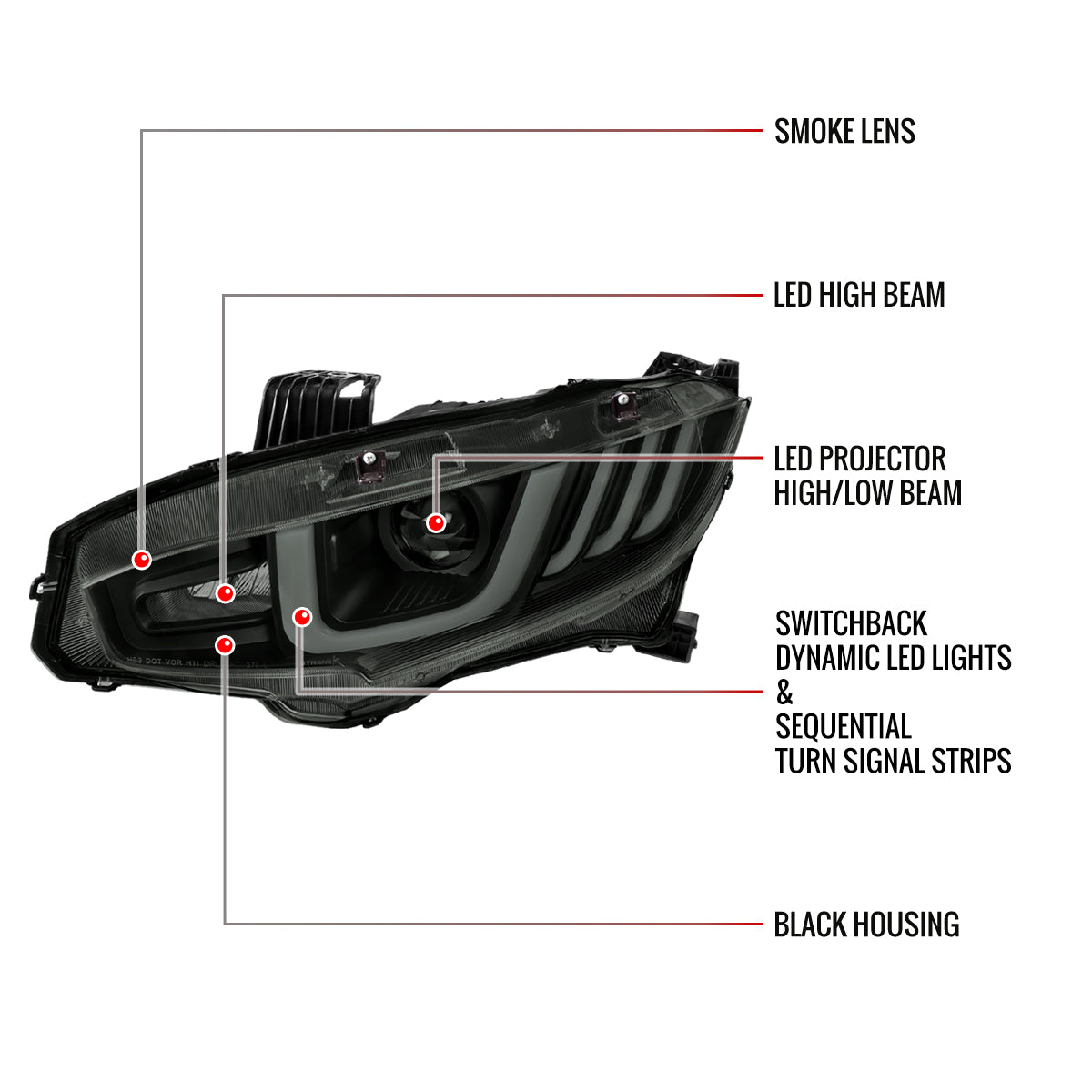 2016-2021 Honda Civic LED Headlights w/ LED Switchback Sequential Turn Signal (Matte Black Housing/Smoked Lens)