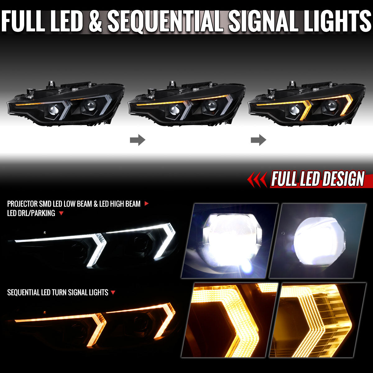 2012-2015 BMW F30 3 Series Full LED Projector Headlights w/ Switchback Sequential Turn Signal (Black Housing / Clear Lens)