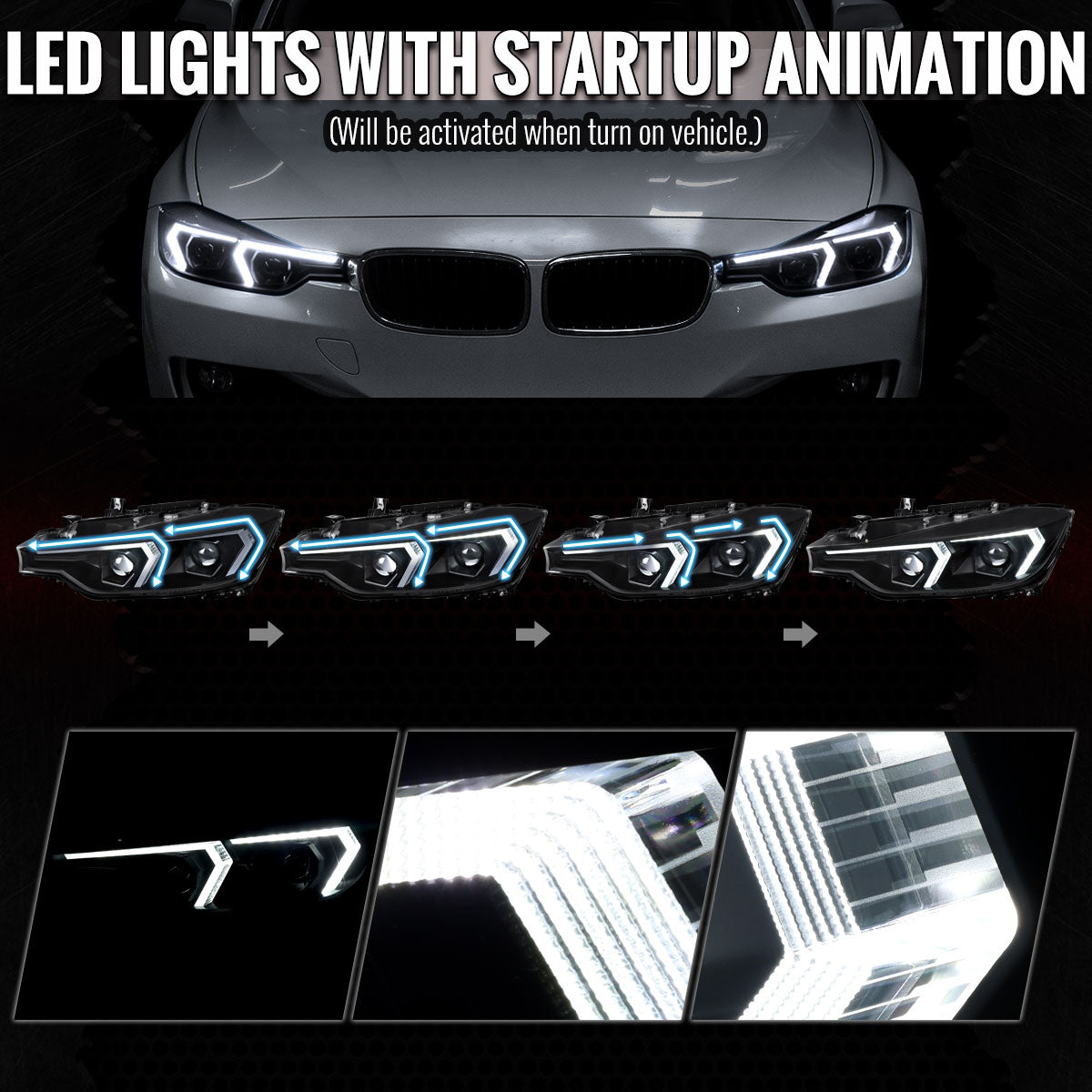 2012-2015 BMW F30 3 Series Full LED Projector Headlights w/ Switchback Sequential Turn Signal (Black Housing / Clear Lens)