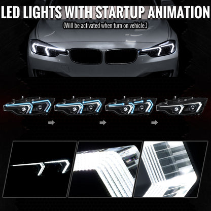 2012-2015 BMW F30 3 Series Full LED Projector Headlights w/ Switchback Sequential Turn Signal (Black Housing / Clear Lens)