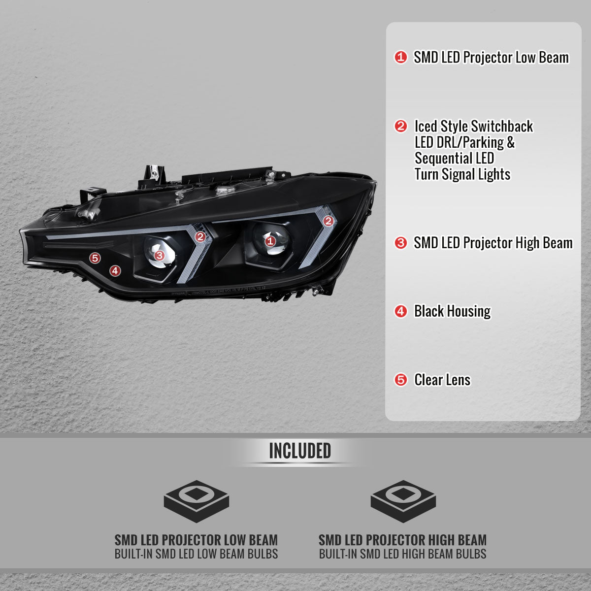 2012-2015 BMW F30 3 Series Full LED Projector Headlights w/ Switchback Sequential Turn Signal (Black Housing / Clear Lens)