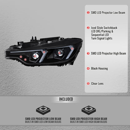 2012-2015 BMW F30 3 Series Full LED Projector Headlights w/ Switchback Sequential Turn Signal (Black Housing / Clear Lens)