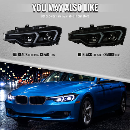 2012-2015 BMW F30 3 Series Full LED Projector Headlights w/ Switchback Sequential Turn Signal (Black Housing / Clear Lens)