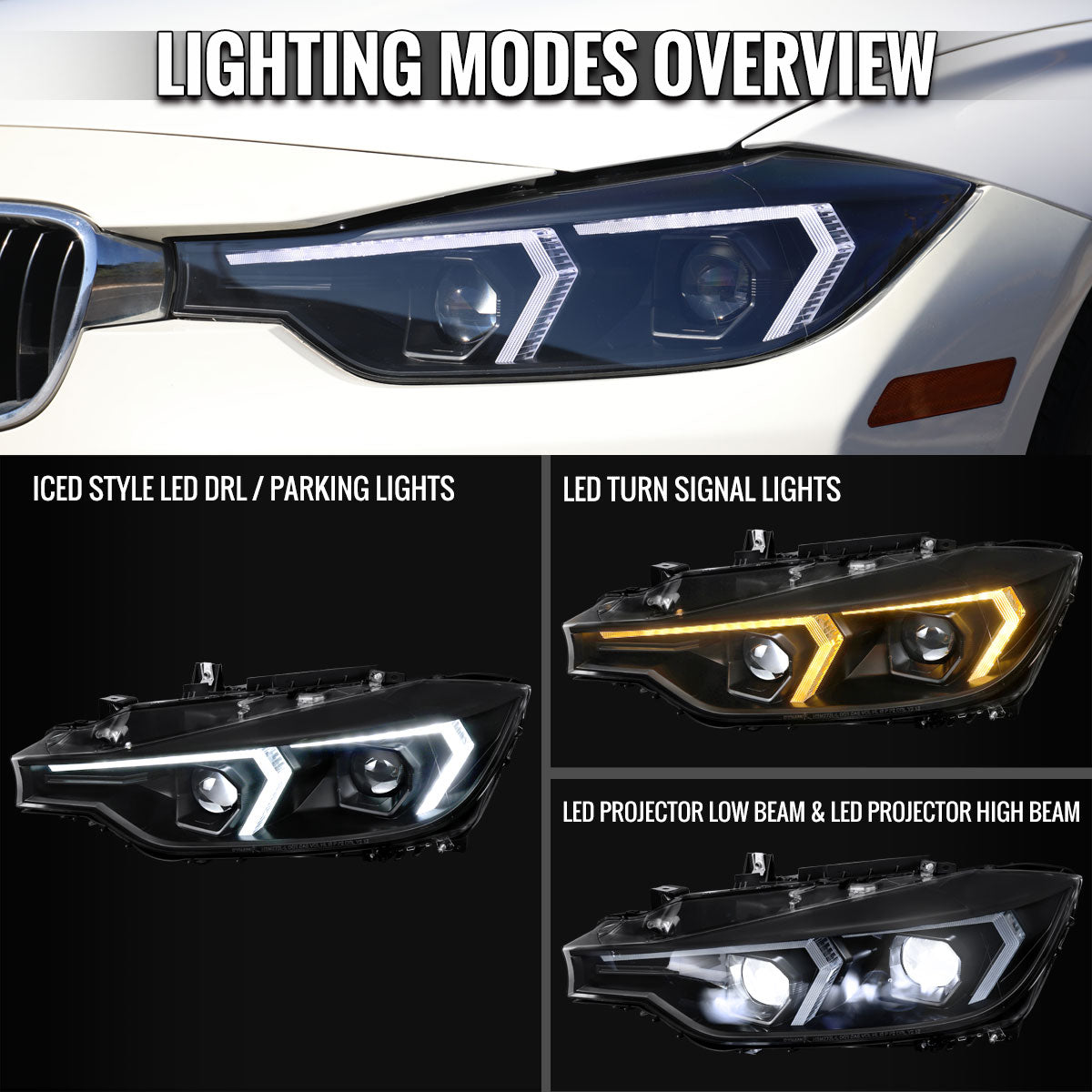 2012-2015 BMW F30 3 Series Full LED Projector Headlights w/ Switchback Sequential Turn Signal (Black Housing / Clear Lens)