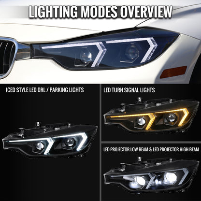 2012-2015 BMW F30 3 Series Full LED Projector Headlights w/ Switchback Sequential Turn Signal (Black Housing / Clear Lens)