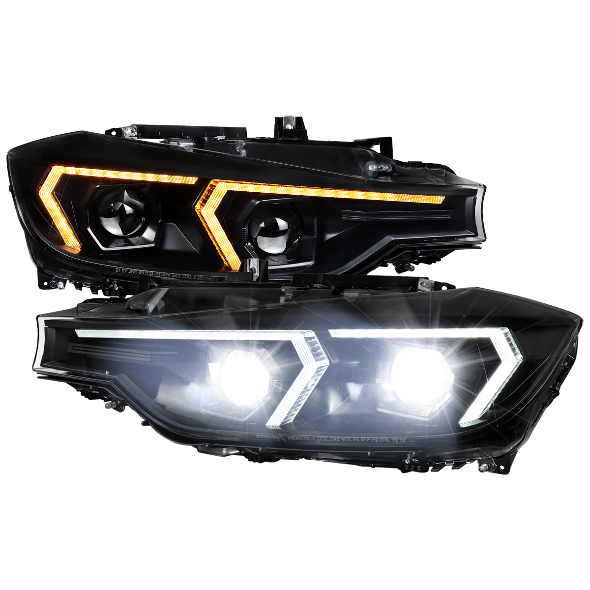 2012-2015 BMW F30 3 Series Full LED Projector Headlights w/ Switchback Sequential Turn Signal (Black Housing / Clear Lens)
