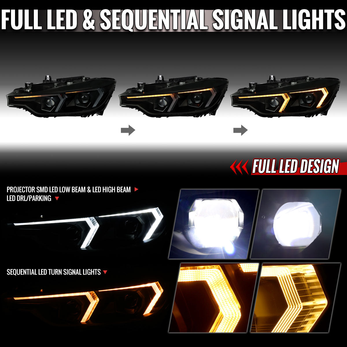 2012-2015 BMW F30 3 Series Full LED Projector Headlights w/ Switchback Sequential Turn Signal (Black Housing/Smoked Lens)