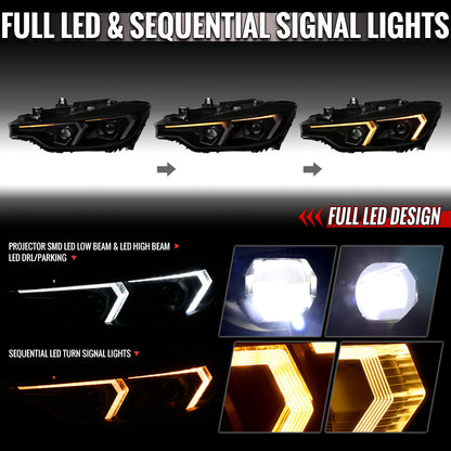 2012-2015 BMW F30 3 Series Full LED Projector Headlights w/ Switchback Sequential Turn Signal (Black Housing/Smoked Lens)