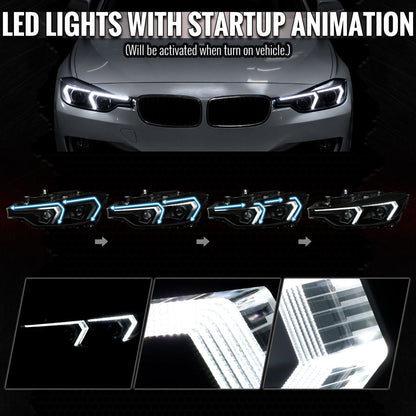 2012-2015 BMW F30 3 Series Full LED Projector Headlights w/ Switchback Sequential Turn Signal (Black Housing/Smoked Lens)