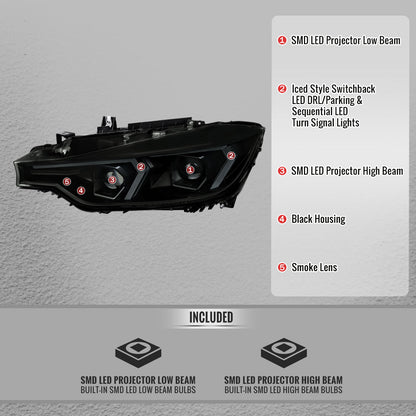 2012-2015 BMW F30 3 Series Full LED Projector Headlights w/ Switchback Sequential Turn Signal (Black Housing/Smoked Lens)