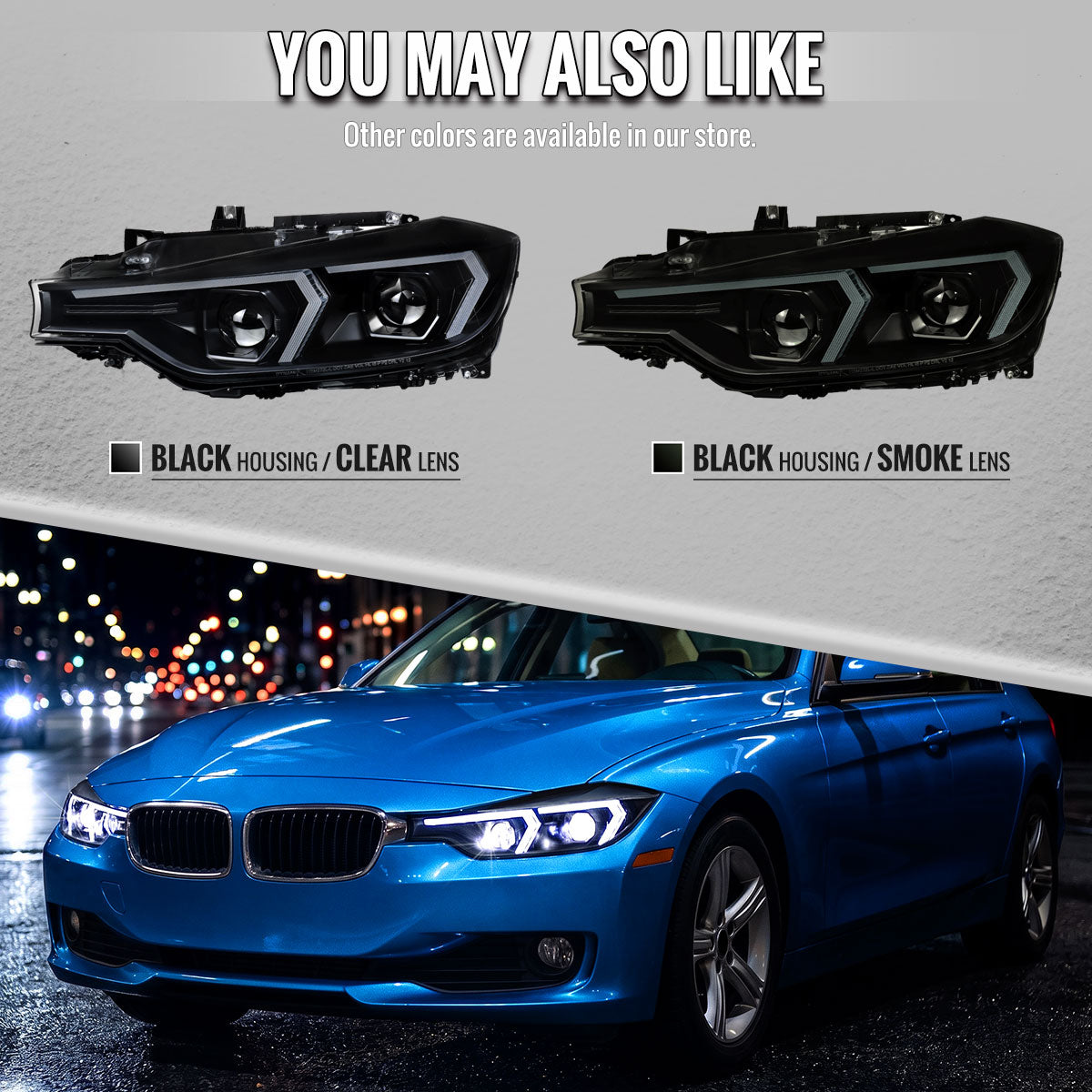 2012-2015 BMW F30 3 Series Full LED Projector Headlights w/ Switchback Sequential Turn Signal (Black Housing/Smoked Lens)
