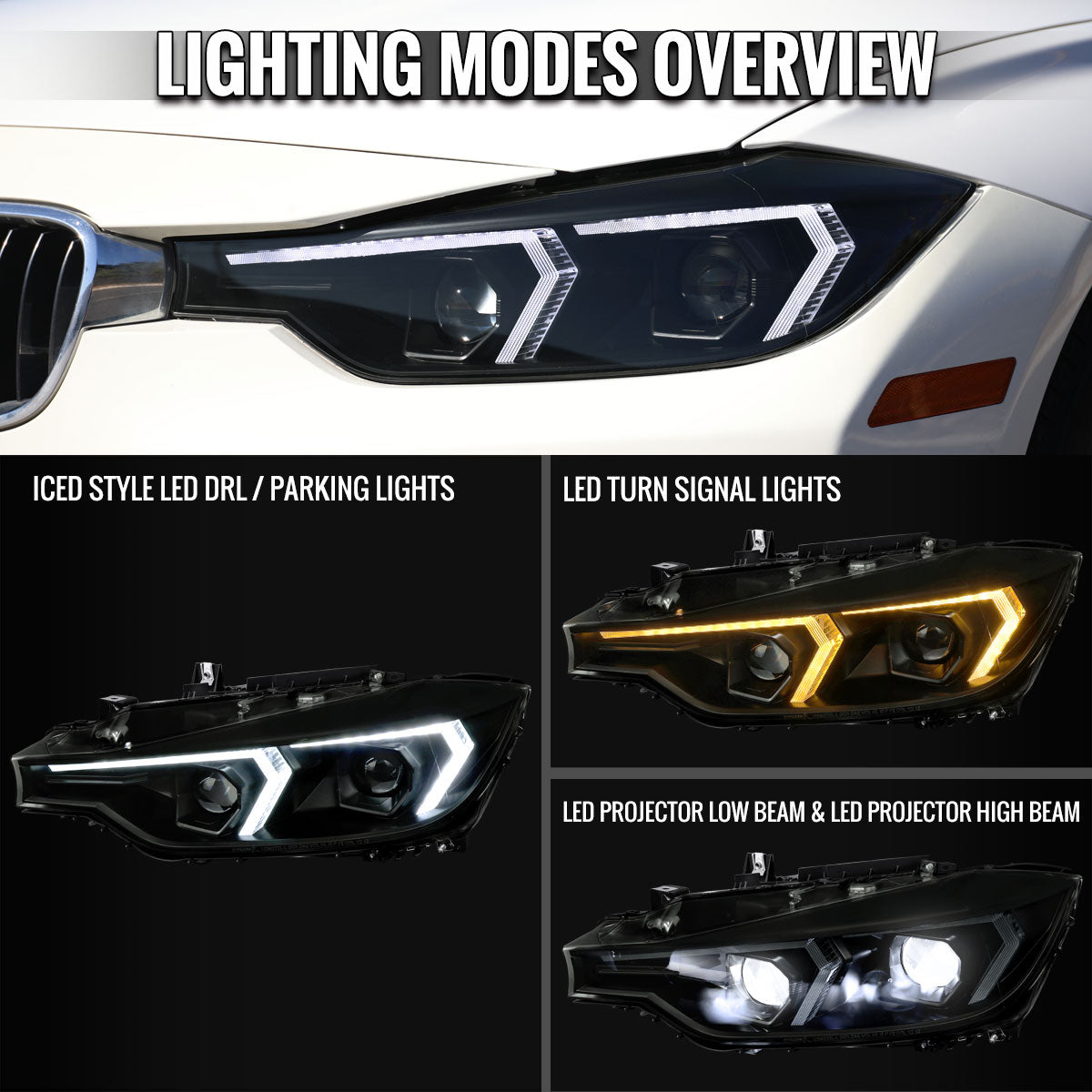 2012-2015 BMW F30 3 Series Full LED Projector Headlights w/ Switchback Sequential Turn Signal (Black Housing/Smoked Lens)