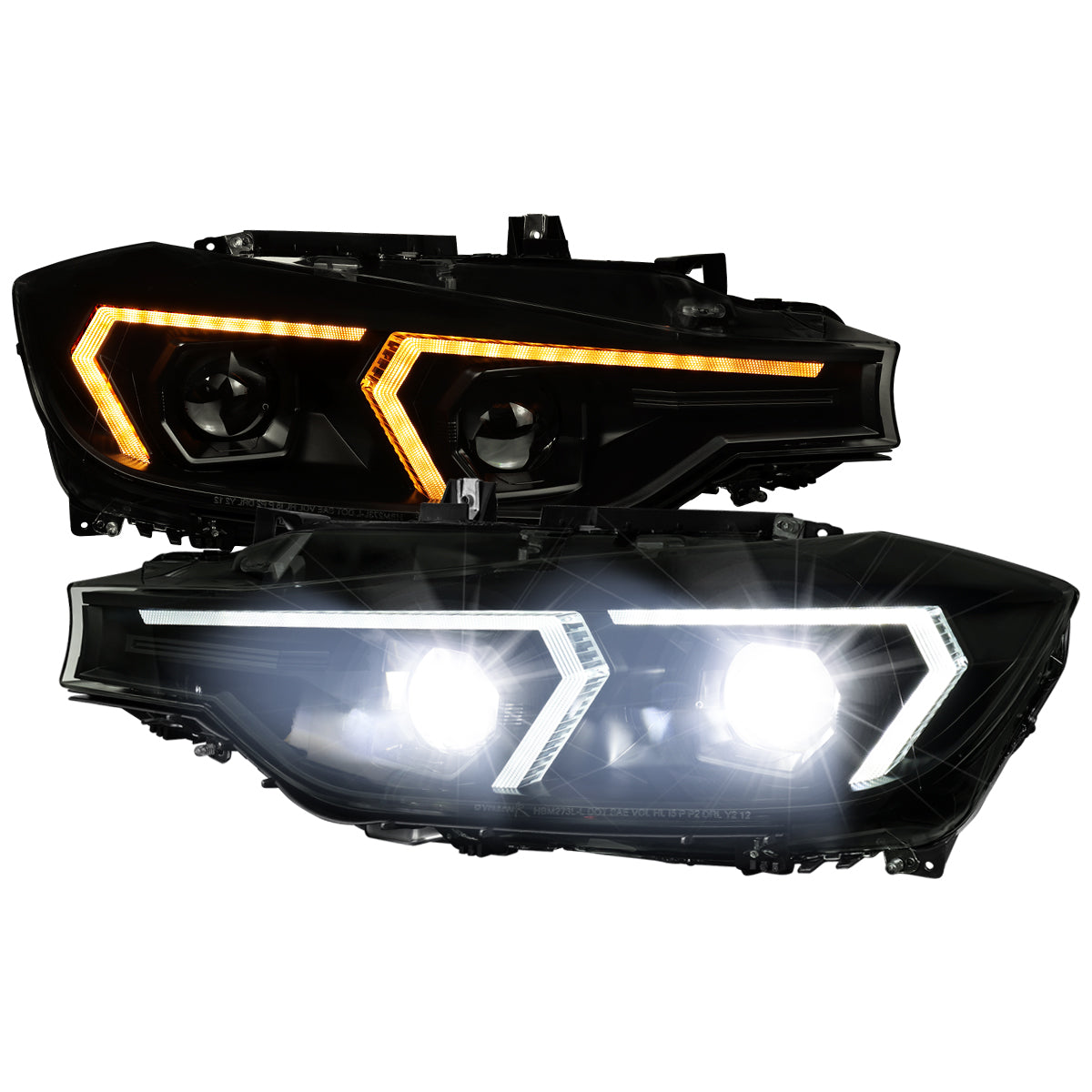 2012-2015 BMW F30 3 Series Full LED Projector Headlights w/ Switchback Sequential Turn Signal (Black Housing/Smoked Lens)