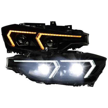 2012-2015 BMW F30 3 Series Full LED Projector Headlights w/ Switchback Sequential Turn Signal (Black Housing/Smoked Lens)