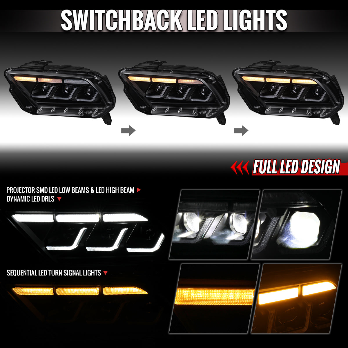 2010-2014 Ford Mustang Full LED Projector Headlights Sequential Turn Signal Switchback DRL  (Matte Black Housing / Clear Lens)
