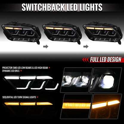 2010-2014 Ford Mustang Full LED Projector Headlights Sequential Turn Signal Switchback DRL  (Matte Black Housing / Clear Lens)