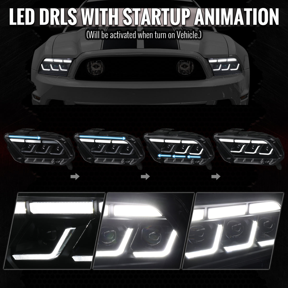 2010-2014 Ford Mustang Full LED Projector Headlights Sequential Turn Signal Switchback DRL  (Matte Black Housing / Clear Lens)