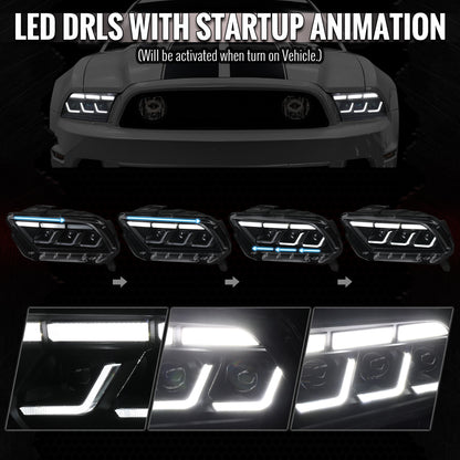 2010-2014 Ford Mustang Full LED Projector Headlights Sequential Turn Signal Switchback DRL  (Matte Black Housing / Clear Lens)