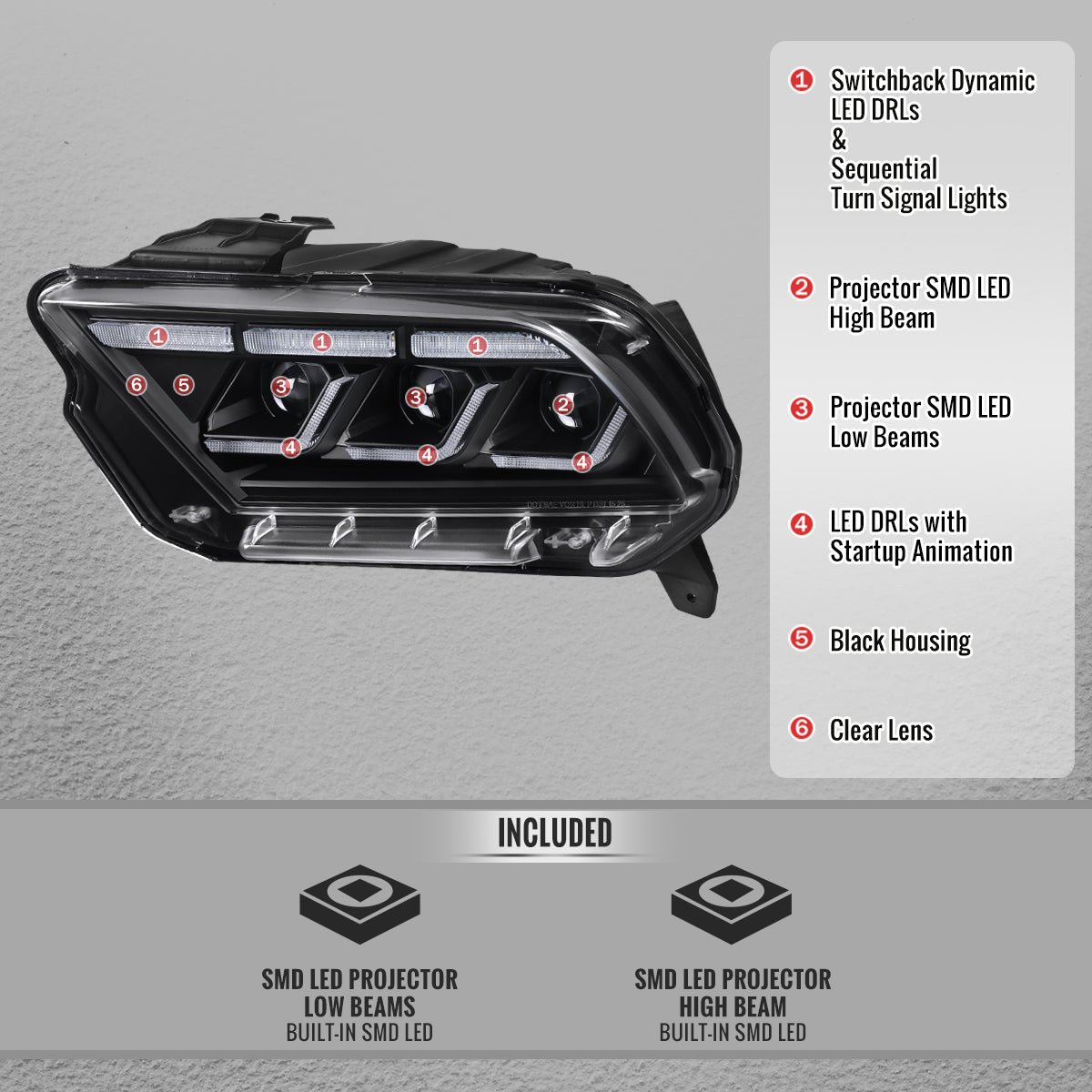 2010-2014 Ford Mustang Full LED Projector Headlights Sequential Turn Signal Switchback DRL  (Matte Black Housing / Clear Lens)